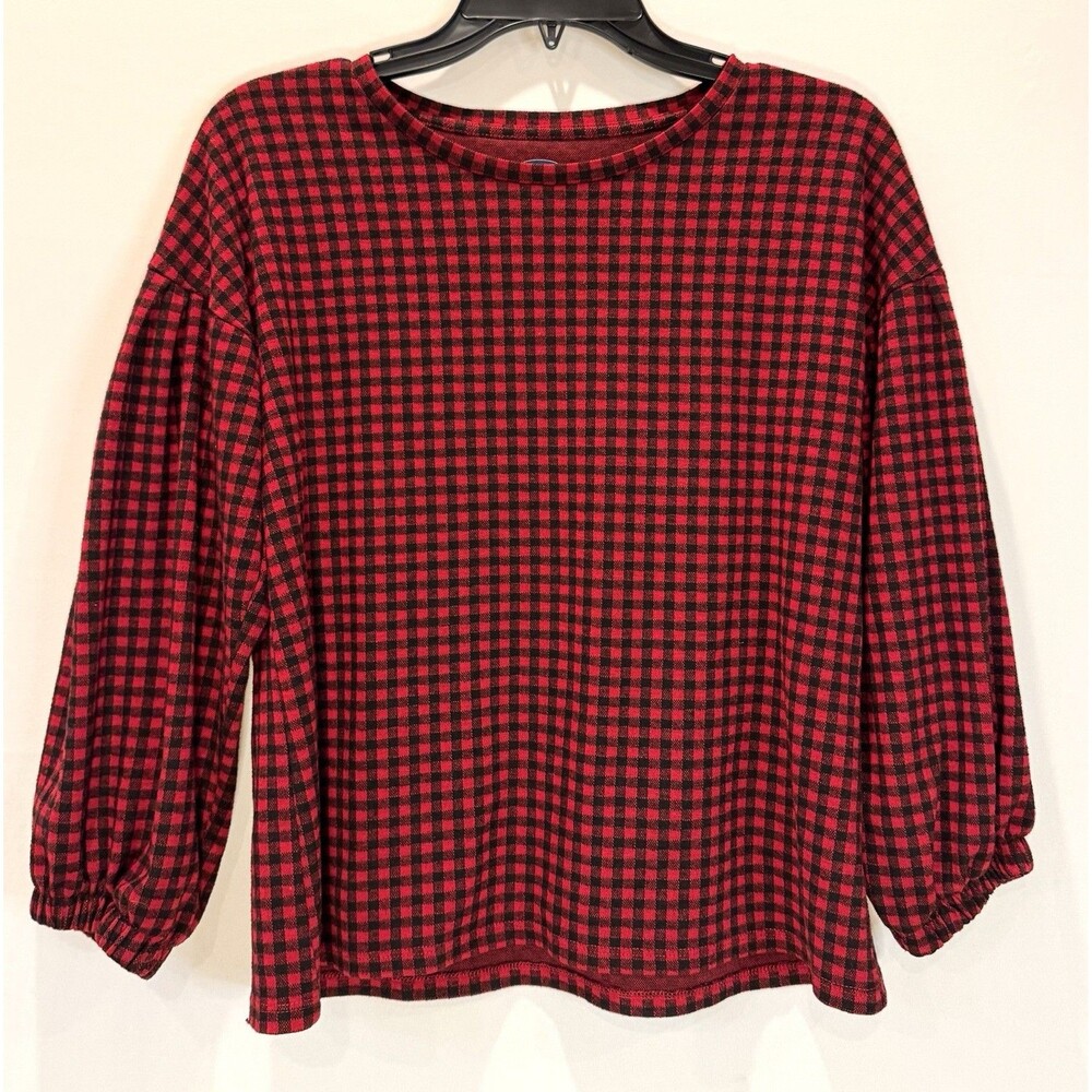 Girls XL Old Navy Red Black Gingham Check Plaid Puff Sleeve Top Shirt Blouse